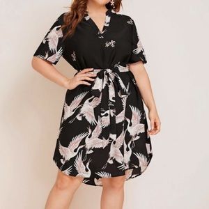Crane Print Belted Shirt Dress